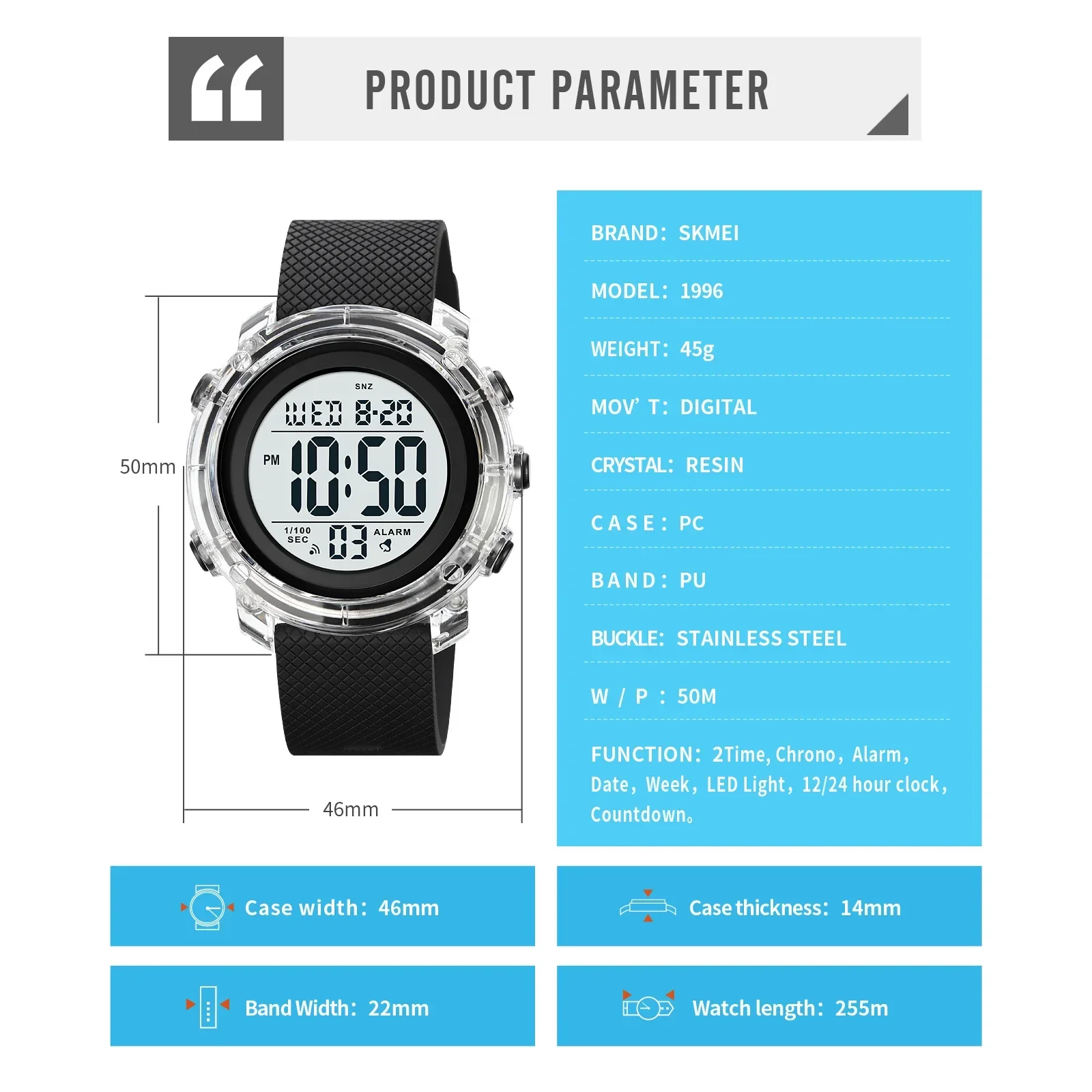 SKMEI 1996 Calendar Clock reloj hombre Japan Digital movement LED Light Watch Mens Women 5Bar Waterproof Countdown Wristwatches