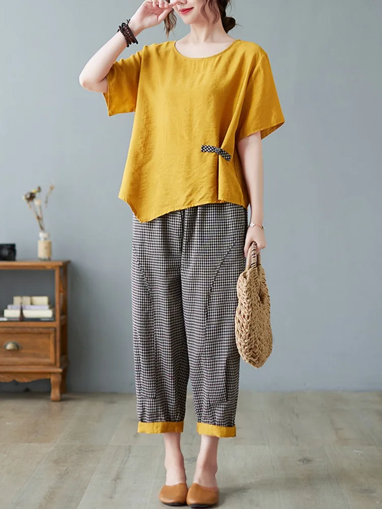 2 Piece Sets Women Casual T-shirt And Ankle-length Pants New Arrival new 2023 Summer Vintage Style Loose 2025 Female Pant Suits B2521