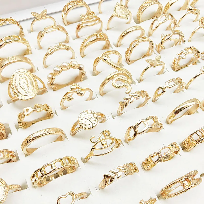 30pcs/Lot Jewelry Factory New Mix Style And Size Finger Rings For Women Silver Gold Color Pearl Snake Flower Ring Party Decorate