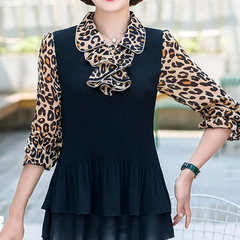2025 Mom's Spring Summer new Chinese Style Various Pattern Printing Turn Down Collar Flare Sleeve Blouse Agaric Lace Long Sleeve Thin
