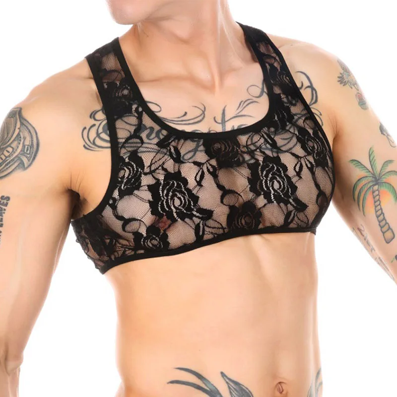 CLEVER-MENMODE Men's Sexy Sheer Porn Bra Lace Transparent Crop Top Breathable Sex Erotic Outfit Sissy Miin Bikini