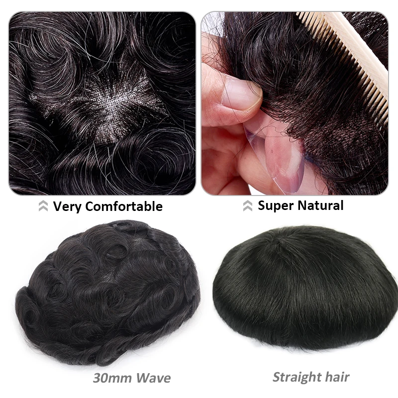 Men Capillary Prosthesis Full PU 0.012-0.14cm Toupee With Knots 100% Human Remy Hairpiece Natural Hairline for Man Dark Brown