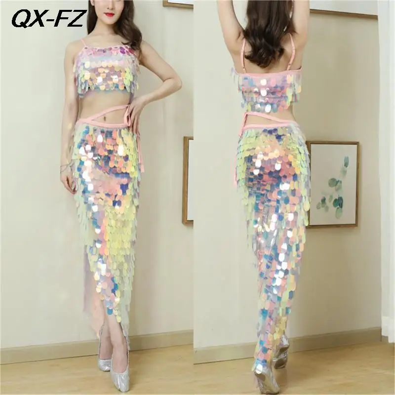 2023 Sexy Mermaid Bra Top+Hip Scarf Outfit Set Women Sequin Belly Dance Costume Set Ladies Elegant HipSkirt Dance Training Suit