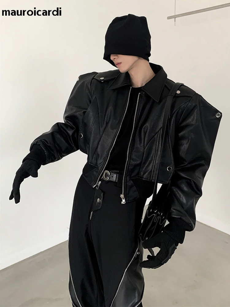 Mauroicardi Spring 2025 Autumn Cool Handsome Short Oversized Black Pu Leather Jacket new Men with Shoulder Pads Long Sleeve Zipper 2023