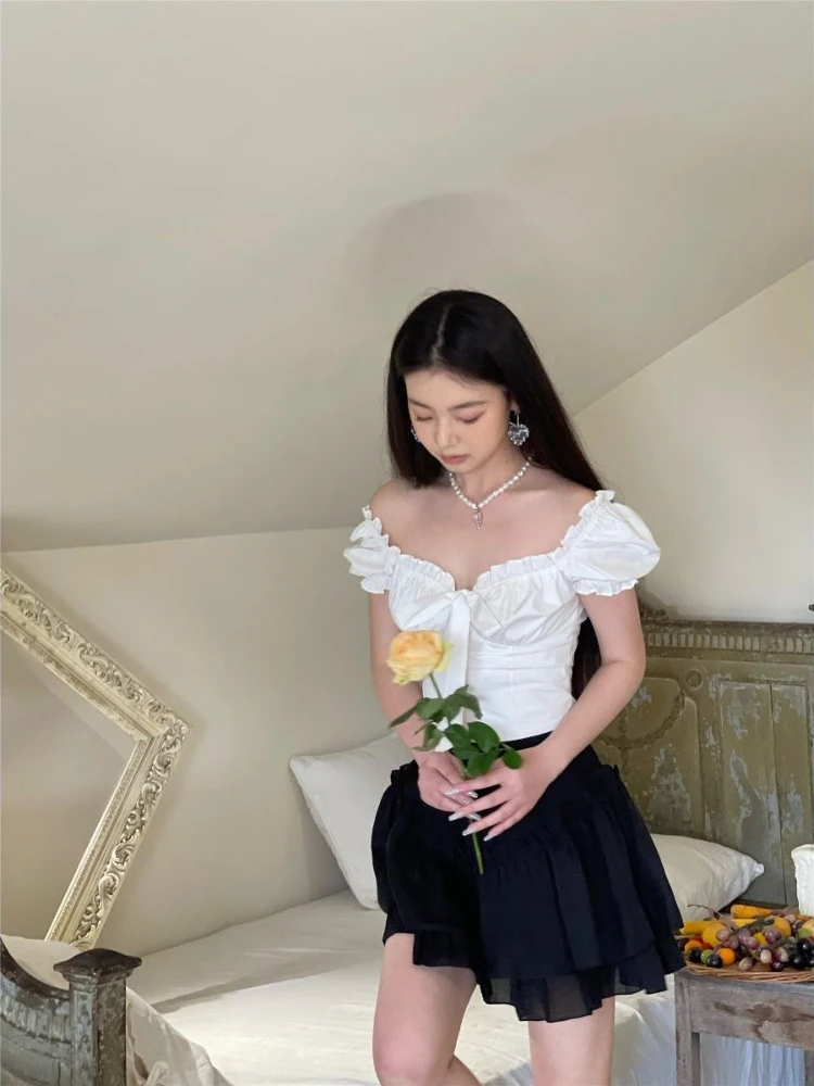 HOUZHOU Kawaii White Blouse Women Sweet Ruffles Puff Sleeve Crop Tops Summer Short Sleeve Casual High Street Korean Fashion