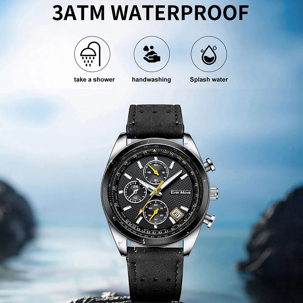 Ever Move Luxury Brand New Watch for Men Leather Dual Display Quartz Wrist Watches Waterproof Military Sports Male Clock Gifts