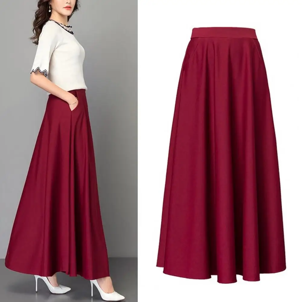Elegant Women Maxi Skirt High Waist Tummy Control A line Lady Loose Hem Pockets Dating Party Banquet