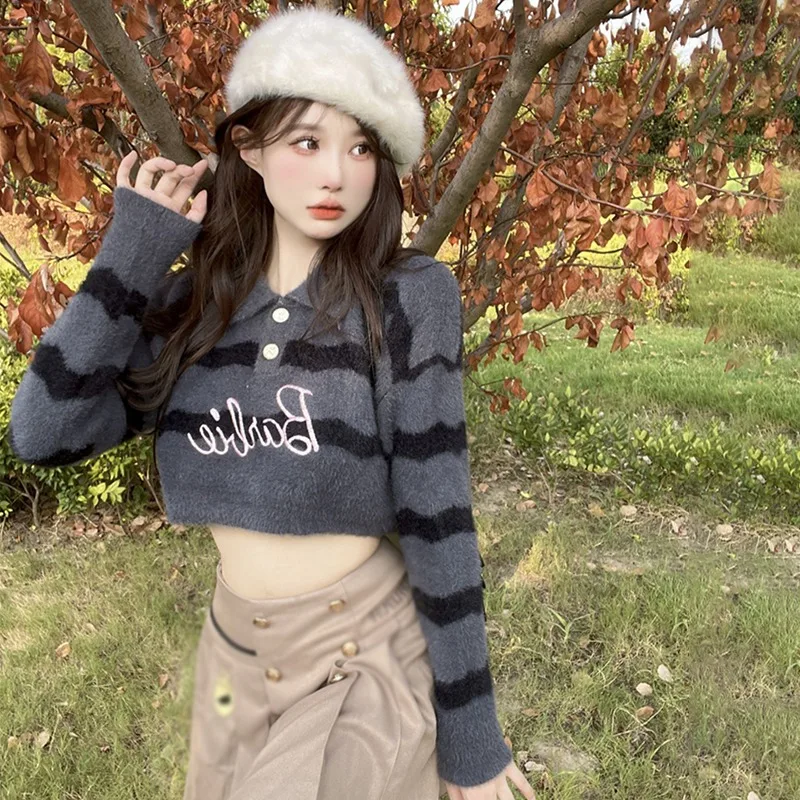 Women Stripe Mink Fur SweaterTurn-down new Collar Long Sleeve Pullover Sweater Autumn 2025 Winter Tops