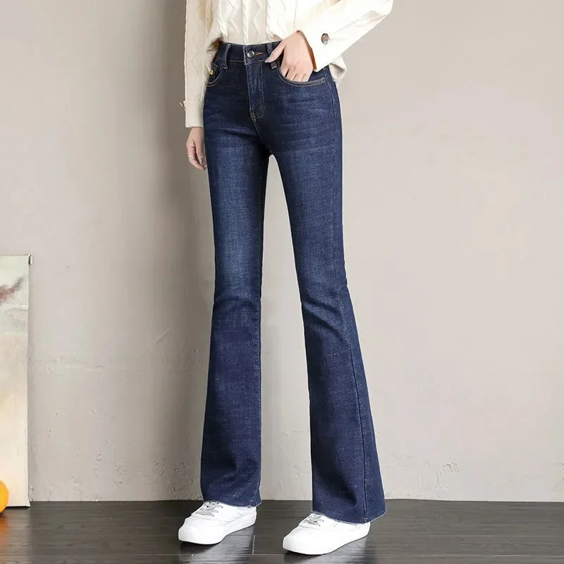 Vintage Plush Lined Flare Jeans Women New Winter Warm Casual Skinny Vaqueros Thicken Stretch Denim Pants High Waist Bell-bottoms