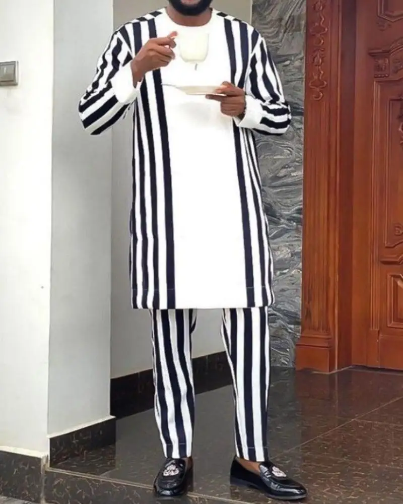 Dashiki Spring Muslim Ethnic Style Personality Striped Printed 2025 new Crewneck Comfortable Long-Sleeved Shirt And Pants Two-Piece Set