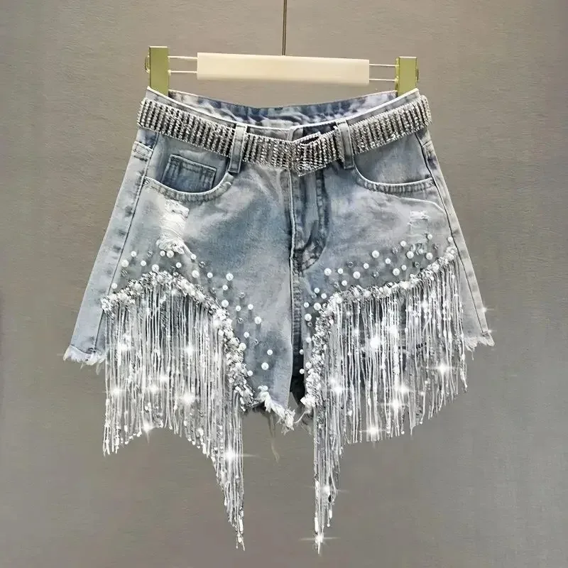 Summer Shorts Elegant Female Casual Solid Shorts Jeans Lady Tassel Beading High Waist Wide Leg Denim Shorts