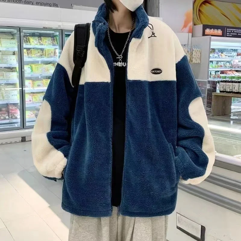 Winter Fleece Fluffy Jacket Warm Fuzzy Zipper Patchwork Coat Men Autumn Lightweight Jackets Streetwear Hip Hop Harajuku 2023