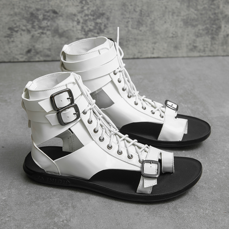 Summer Luxury Brand Men Casual shoes New Outdoor High Top Men Sandals Fashion ROMAN Beach Sandals Black Leather Designer shoes