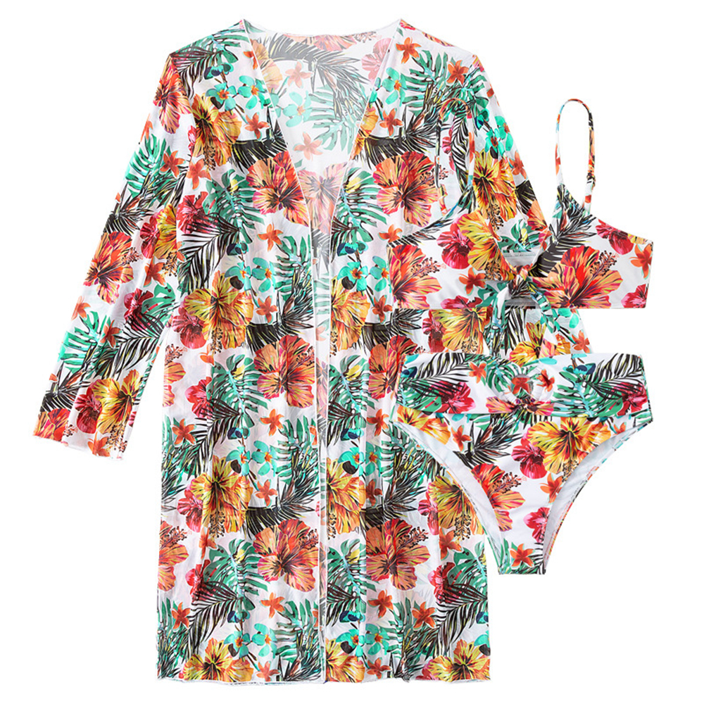 Sexy High Waisted Bikini 2025 new 3 Pieces Floral Printed Swimsuit Size 3XL-S Women Bikini Set With Mesh Long-Sleeved Blouse Super Sales