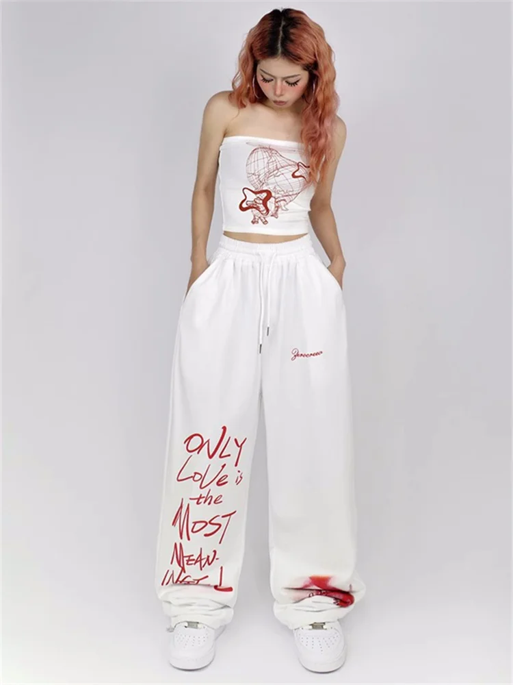 QWEEK Y2K Streetwear White Sweatpants Women Korean Style Letter Print Black Track Pants Oversized Harajuku Kpop Hip Hop Joggers