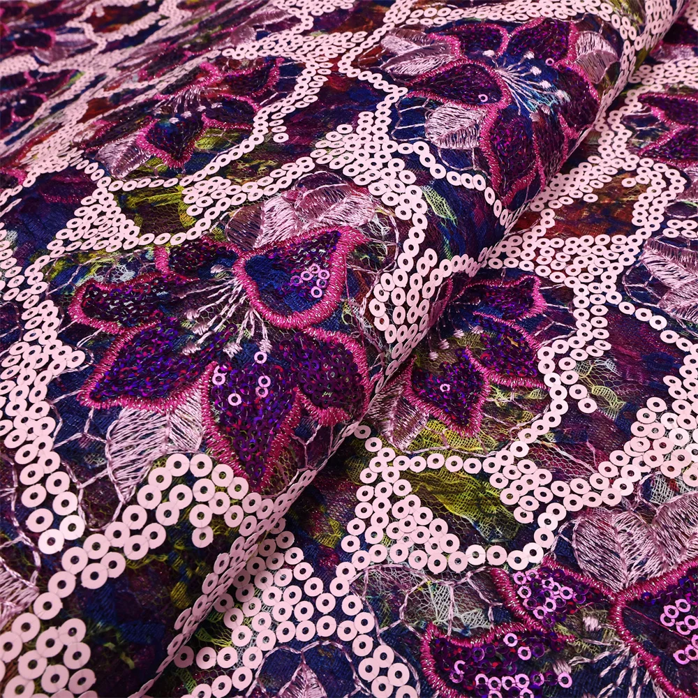 Latest African Sequined Lace Fabric 2023 High Quality Embroidery Nigerian French Mesh Lace Fabric For Wedding Material