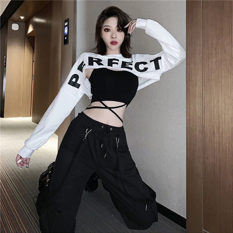 Emo Crop Top Black Cargo Pants Egirl Suit Alt Clothes 2025 Sexy Gothic Overalls T-shirt Techwear Joggers Punk Y2k Sweatpants new Hip Hop