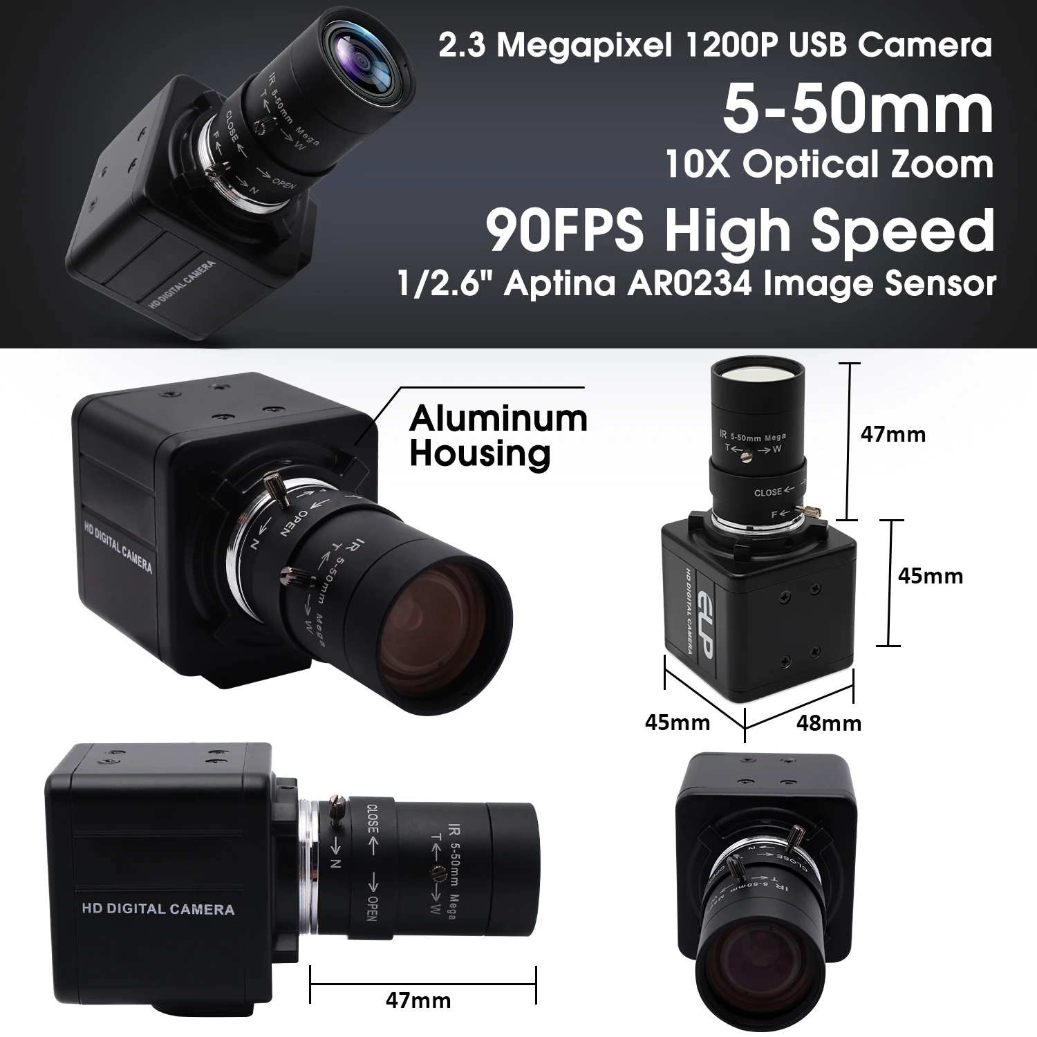ELP 2MP 1200P 1080P High Speed 90FPS AR0234 Global Shutter Mini USB Camera with 5-50mm 10X Zoom Lens for Golf Sporting Recording