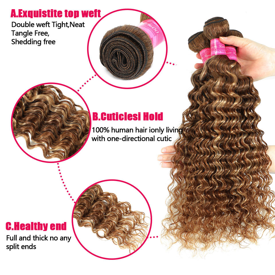 Luduna Bundles Human Hair Highlight Deep Wave Bundles Peruvian Human Hair Ombre Blonde Curly Bundles Hair Weave Extensions 30In 5cb7f