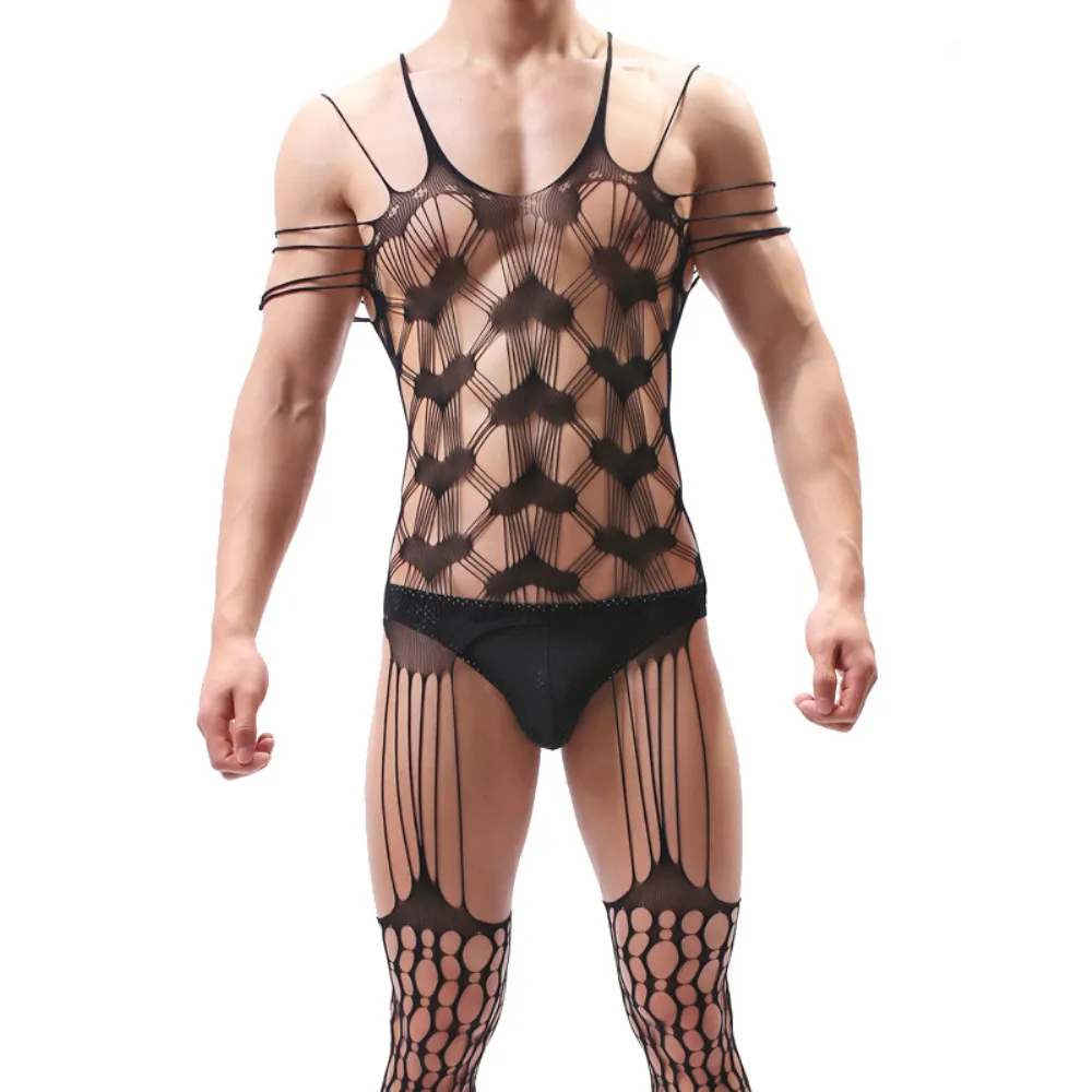 Sexy Lingerie Exotic Black Net Bodysuits Men Teddy Men's Clothes Husband Date Nightwear Fetish Open Crotch GentleMan Sleepwear