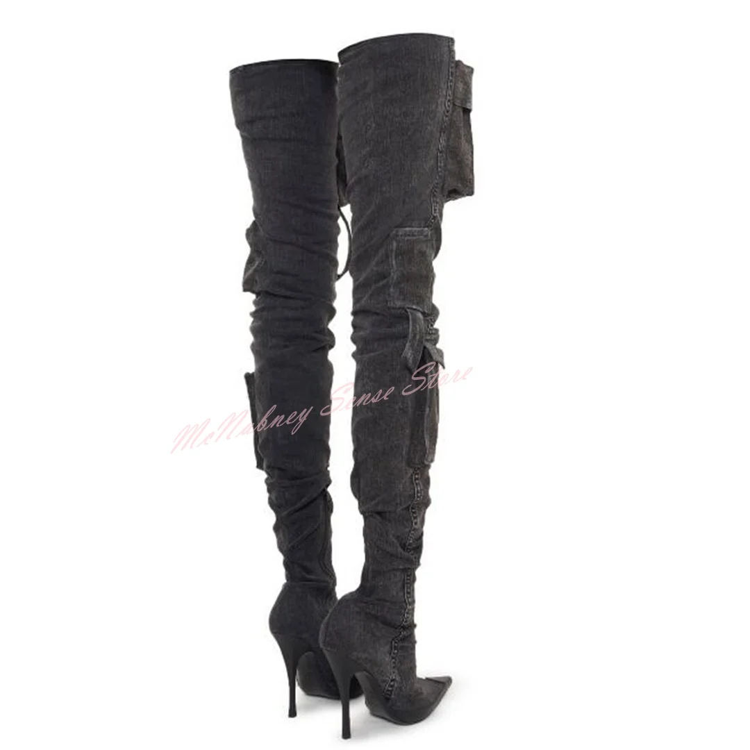 Denim Pocket Straps Boots Pointy Toe Stiletto Heels Solid Thigh High Boots Side Zipper Women Sexy Style Shoes Winter Runway New