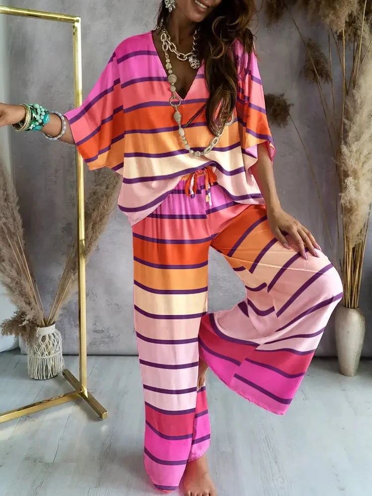 new Women Three Quarter Sleeve Tops Loose Long Pants Suit 2025 2023 Casual Streetwear Elastic Waist Set Female Solid Chic Trousers Outfit