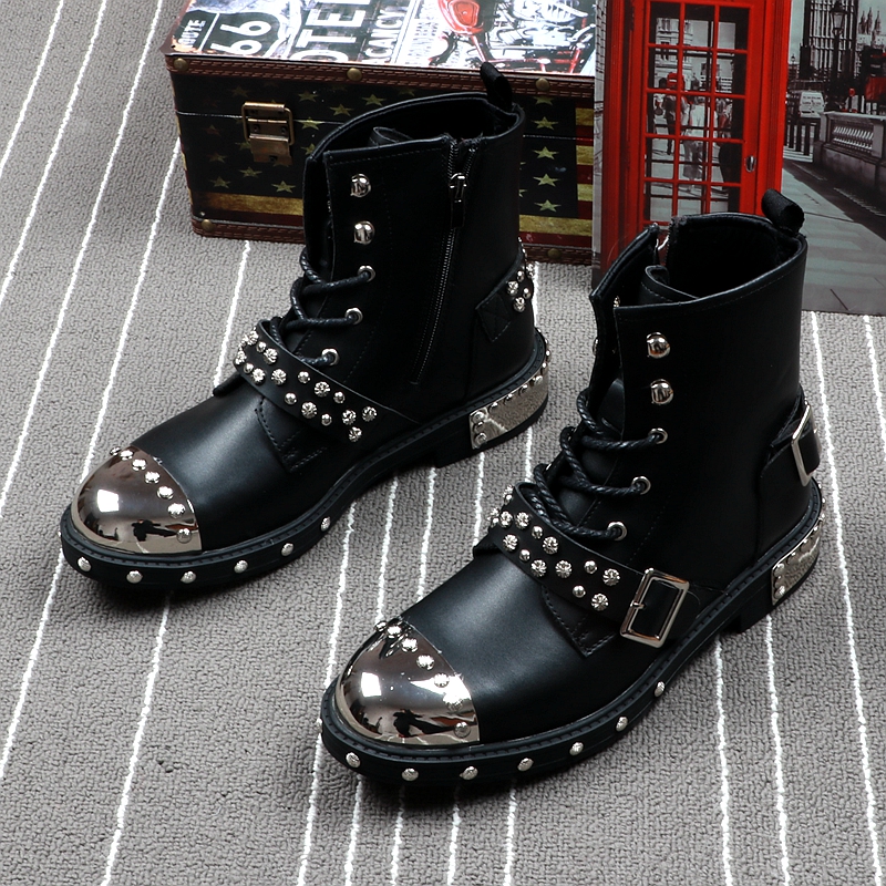 Mens Boots Luxury Brand Rivets Punk Style Spring Autumn Ankle Boots Male Metal High Top Motorbike Sneakers Shoes for Men