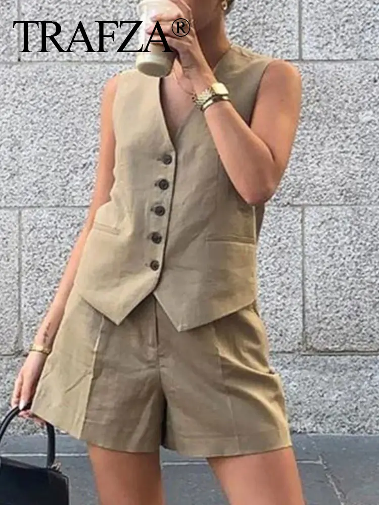 TRAFZA Women Pant Sets Vintage Solid Single Breasted V Neck Waistcoat Tops + Slim Zipper Fly Shorts Summer Office Lady Suits