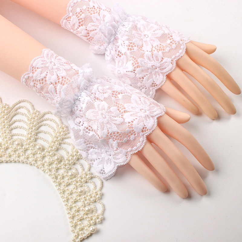 Vintage Women Lace Pleated Ruffles Decorated Cuffs Hollow Out Embroidery Floral Detachable Sleeves Elastic Universal Fake Cuff