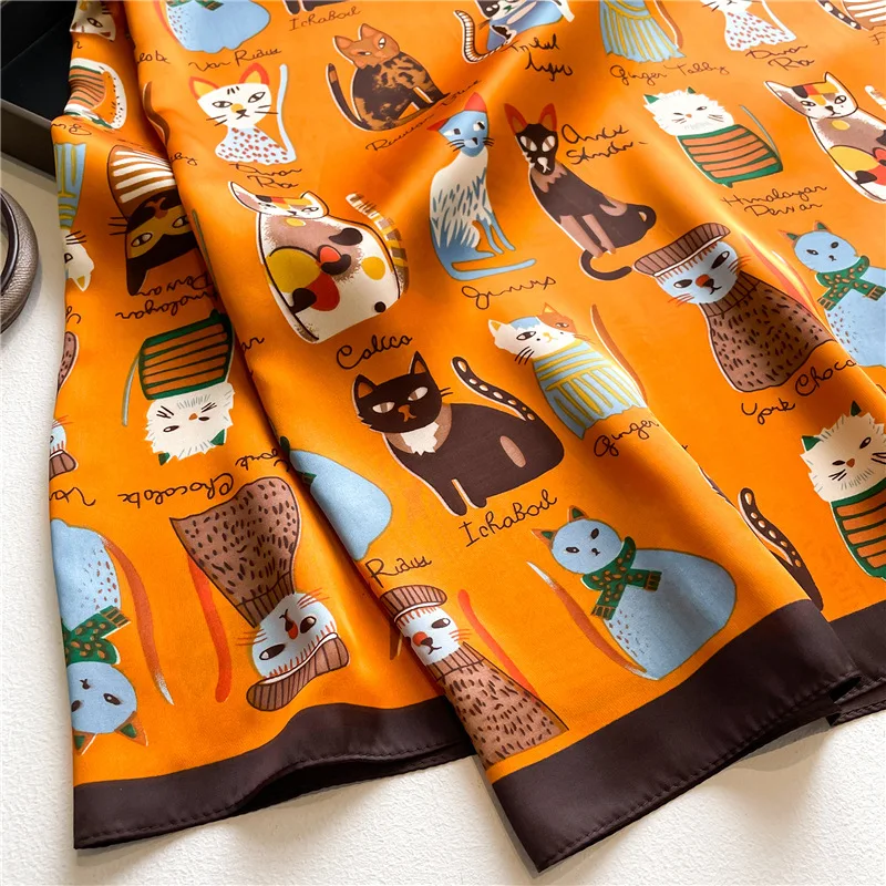 110*110cm Luxury Brand Silk Square Cat Scarf Women Satin Neck Hair Tie Soft Work Neckerchife Hijab Head Female Foulard Bandana