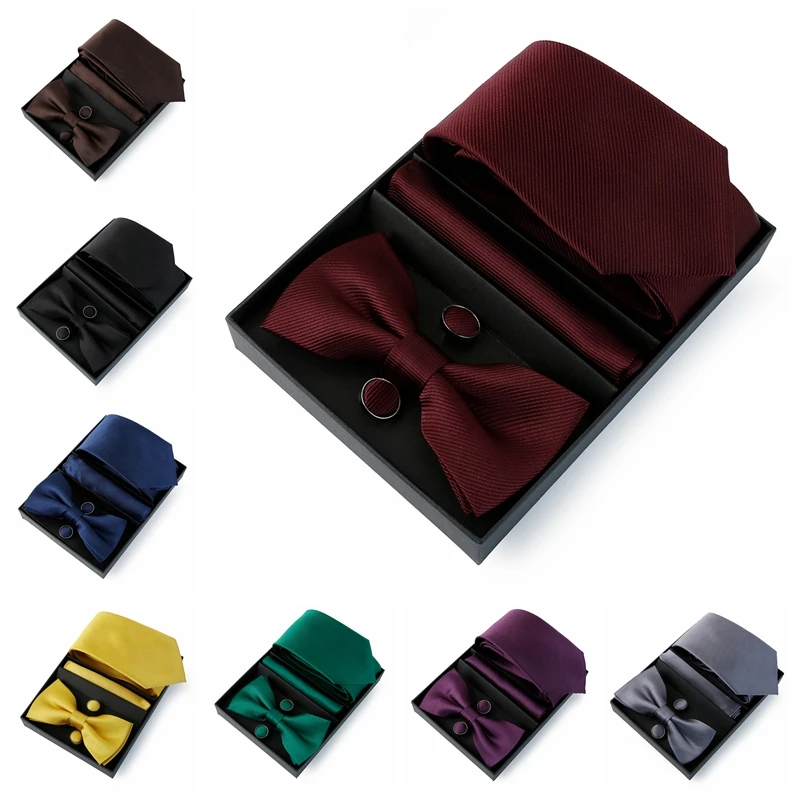 Tie Set For Men Necktie 7.5cm new Solid Color Necktie For Men Suit Bowtie Pocket Square Cufflinks Bow 2025 Tie Wedding Gift Cravat