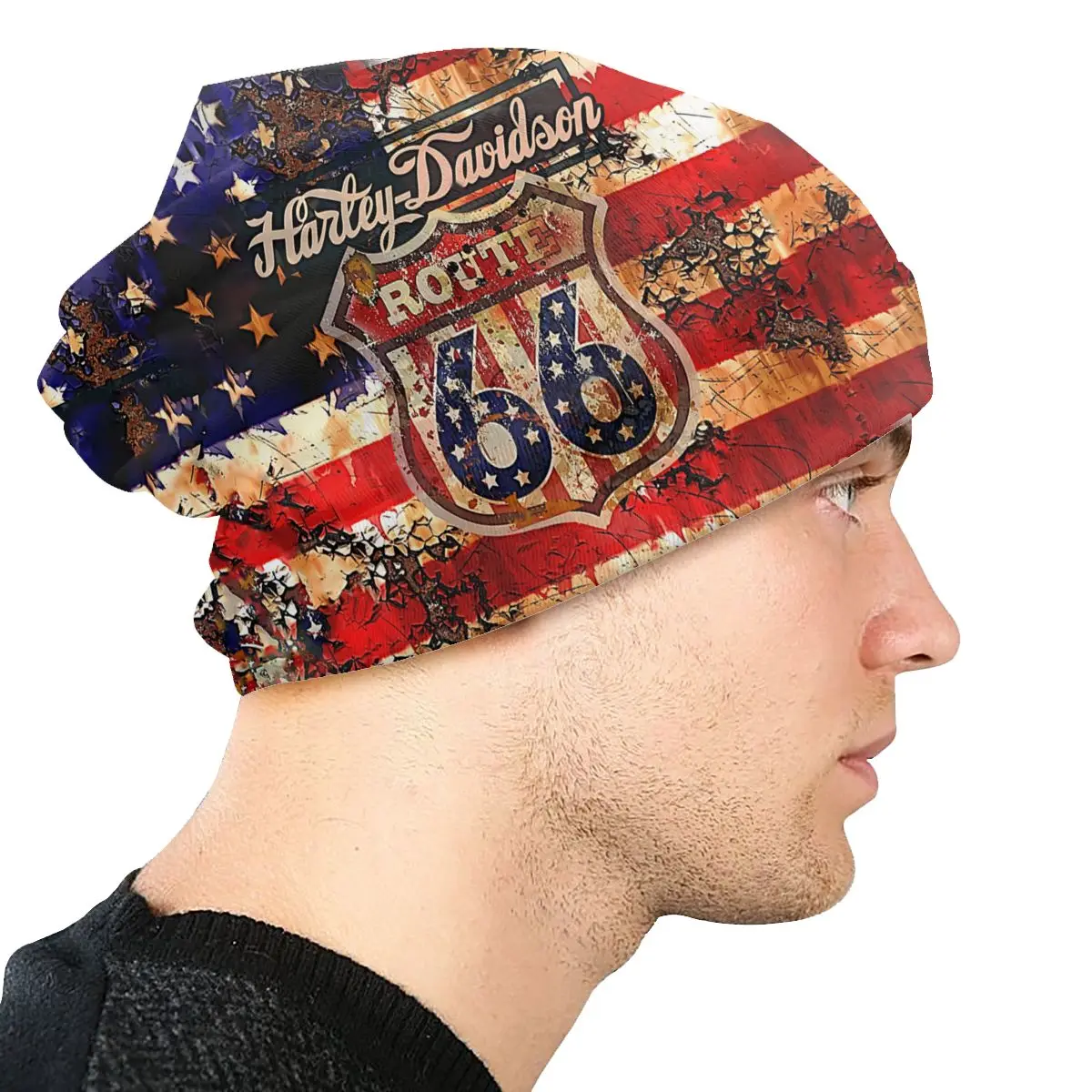 U S Route 66 US Flag Men Women Thin Beanies Windproof Ski Cap Double Layer Fabric Bonnet Hat