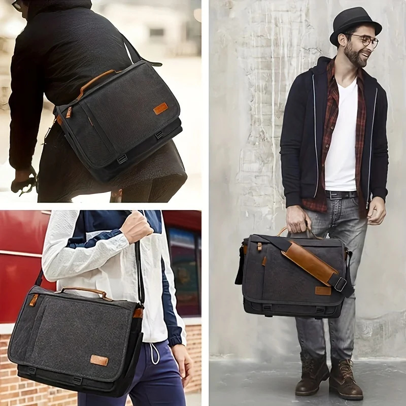 Crazy Horse Leather Mens Crossbody Briefcase Canvas Splashproof Workwear Messenger Bag Computer Tote 240320