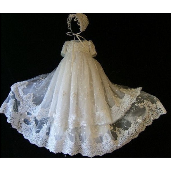 High Quality Summer Lace Appliques Christening Gowns Baptism Dress Short Sleeves Taffeta A Line Jewel Babies First Communion Dresses