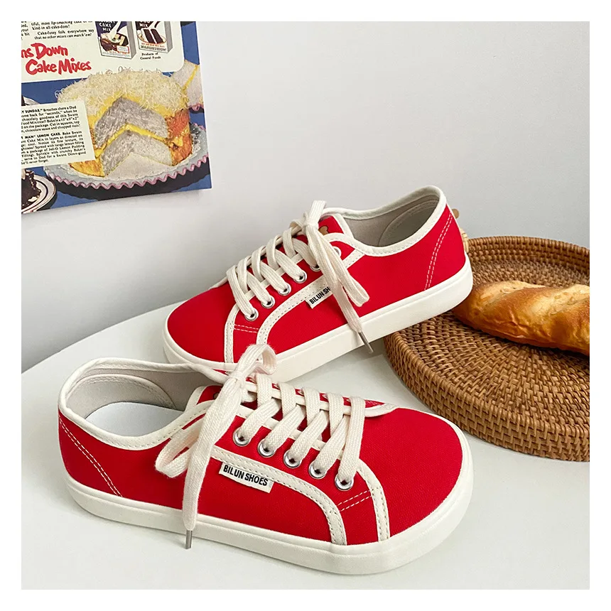Canvas Designer Women Low Top Wide Toe Lace Up Trainers Shoes 2023 Red Blue Sneakers New Girls Tenis Plimsolls