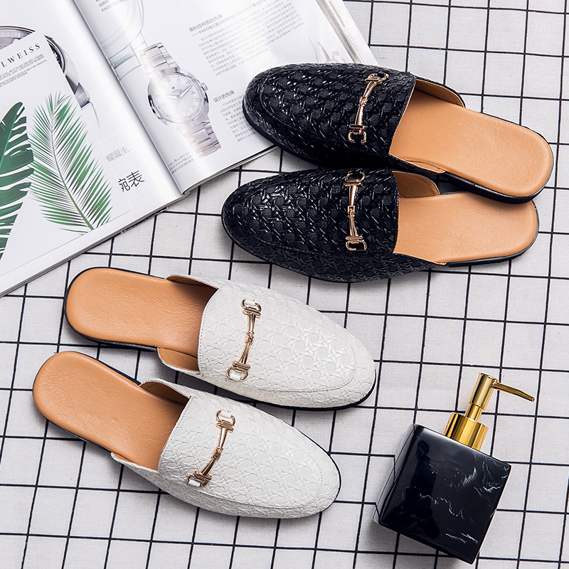 New Brand Designer Mens Half Drag Shoes For Men Casual Leather Loafers Fashion Half Shoes Mules Man White Slides Slippers Male