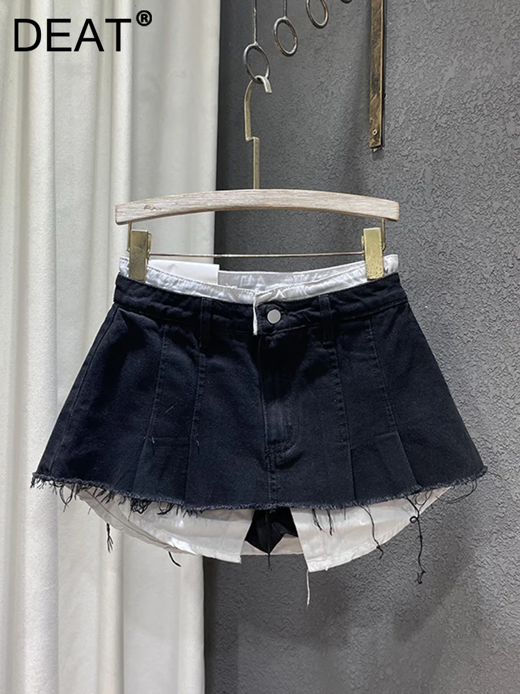 DEAT Trend Contrast Color Patchwork Denim Skirt Women Hem Burrs High Waist Loose Wrap Hip 2025 Skirts new Female 2024 Spring New 11XX1592