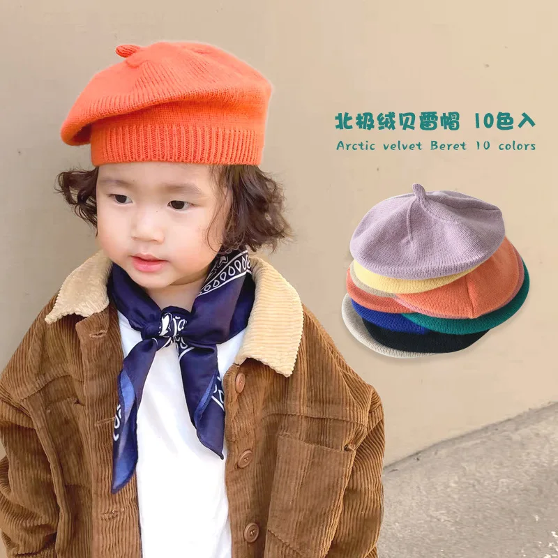 Solid Color Baby Wool Knitted Beret Toddler Autumn Winter Warm Beanie Korean Vintage Kid Artist Painter Cap Boy Girl Crochet Hat