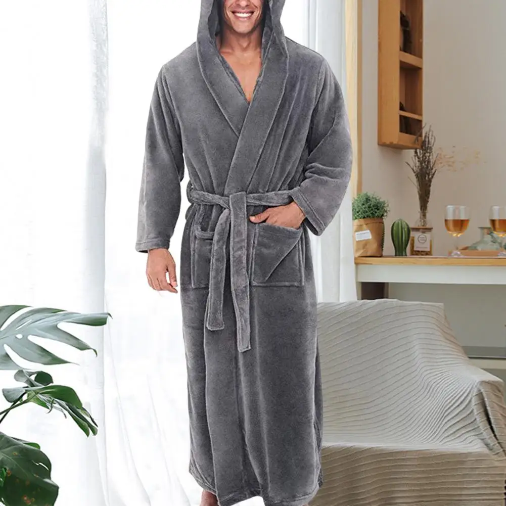Waist Lace-up Ankle Length Anti-freeze Male Thickened Plush Nightgown Robe Pajamas Fleece Nightgown for Bedroom