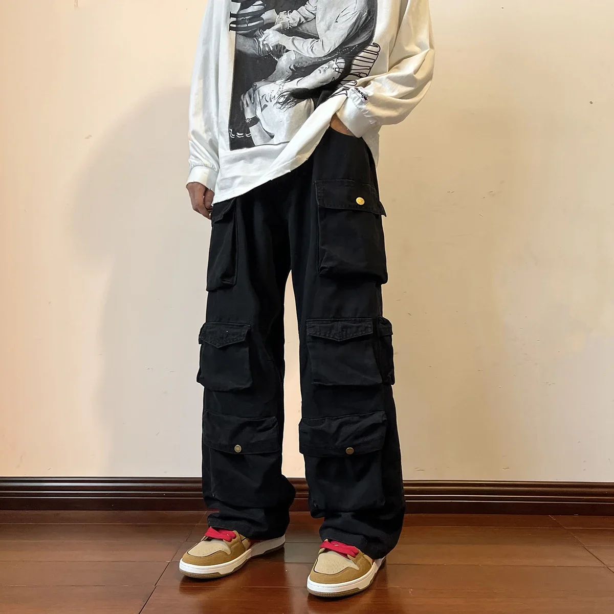Cargo Pants Multi-Pocket Overalls Haruku Men's Retro Loose Wide-Leg Pants new Street Casual Hip-Hop 2025 Straight High Waist Mop Pants