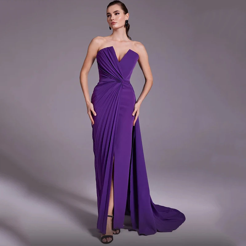 UZN Classic Dark Purple Mermaid Prom Dresses 2023 Scalloped Neck Satin Pleats Evening Gowns Slit Saudi Arabia Party Dress