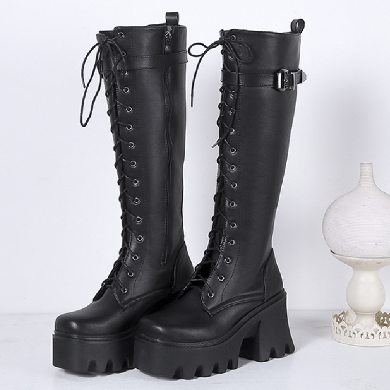 Knee Chunky High Boots Women Platform Goth Punk Heels PU Leather Black Retro Long Winter Shoes Female Lace Up Rain Boot EU35-39