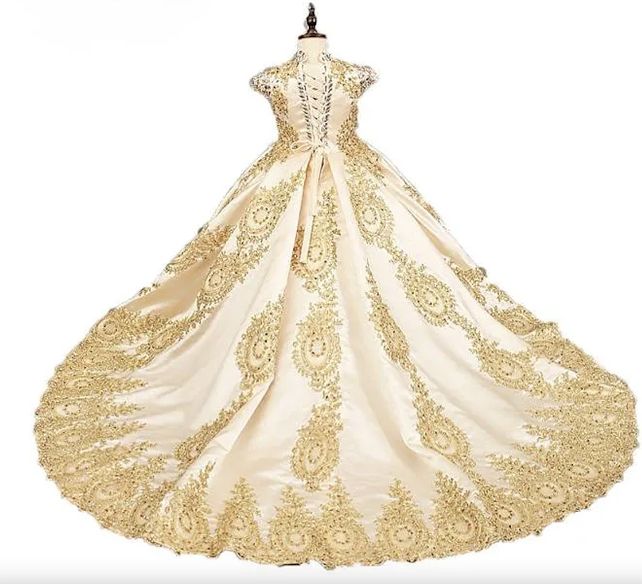 Girl's Pageant Dresses Modest Gold Sequins Lace Satin Flower Girl Gowns Formal Party Dress For Teens Kids Size 0431