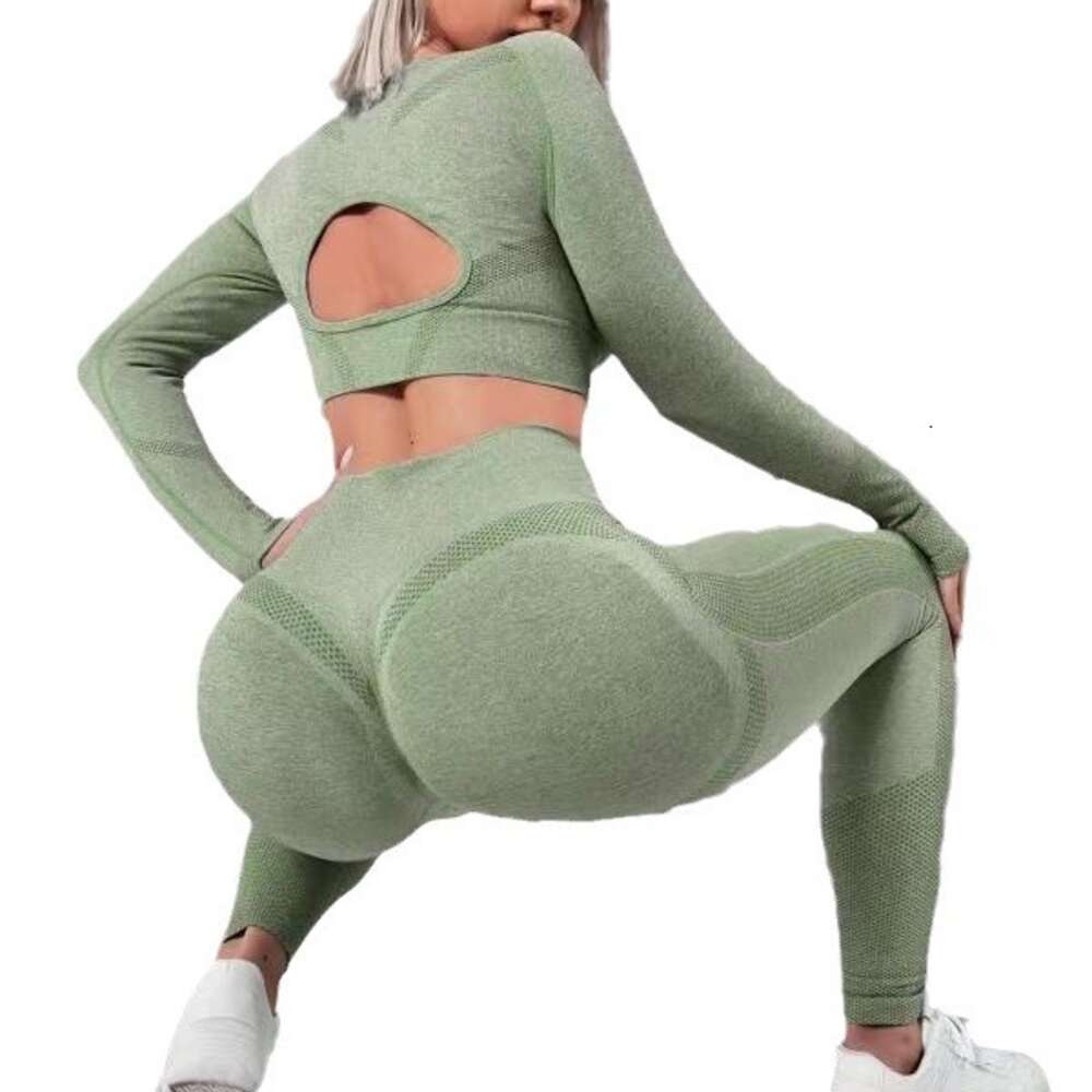 Hollow Out Long Sleeved High Waisted Hip Lifting Exercise Yoga Pants 2-piece Set