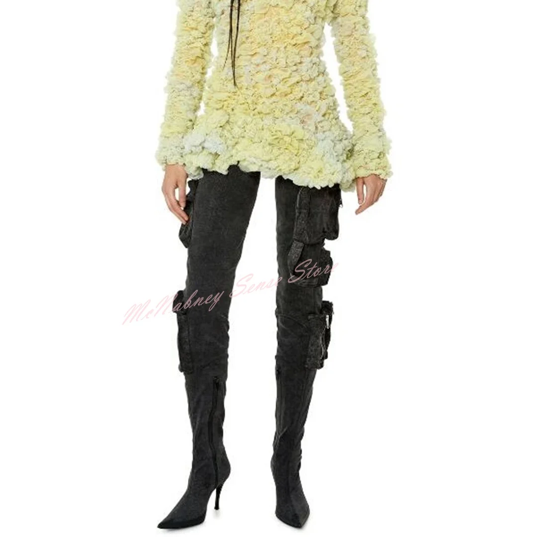 Denim Pocket Straps Boots Pointy Toe Stiletto Heels Solid Thigh High Boots Side Zipper Women Sexy Style Shoes Winter Runway New