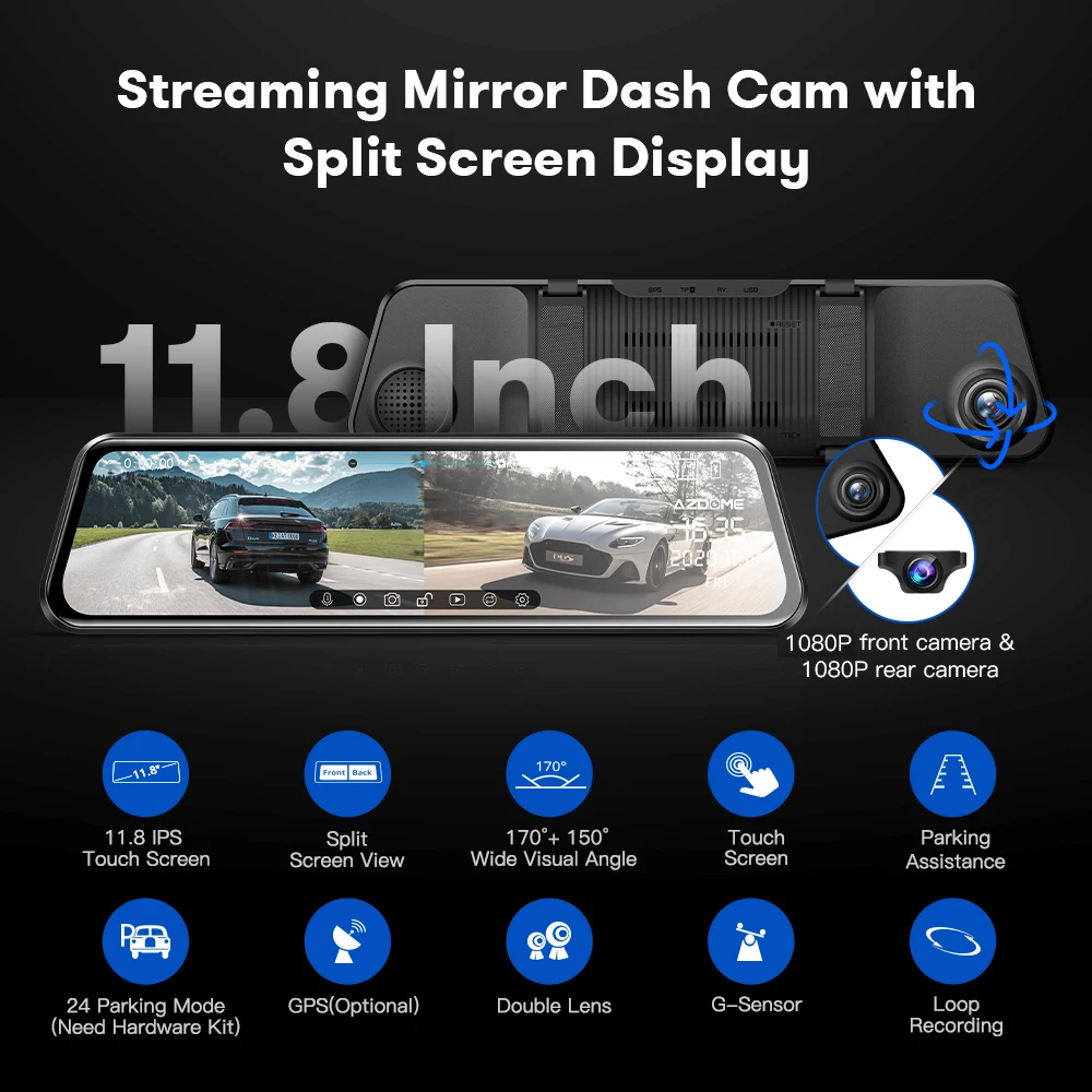 Full 11.8" AZDOME PG17 Screen RearView Dash cam Touching Stream Mirror Car Dvr Camera FHD Video Recorder Night vision smile 11.8"