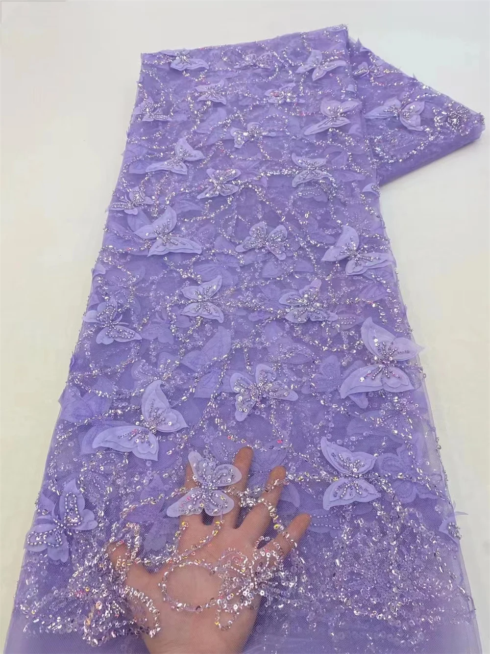 2023 Luxury 3D Lace Fabric Dubai Hand Beaded Tulle Lace Fabric Embroidered Applique African Nigerian Fabric For Sewing
