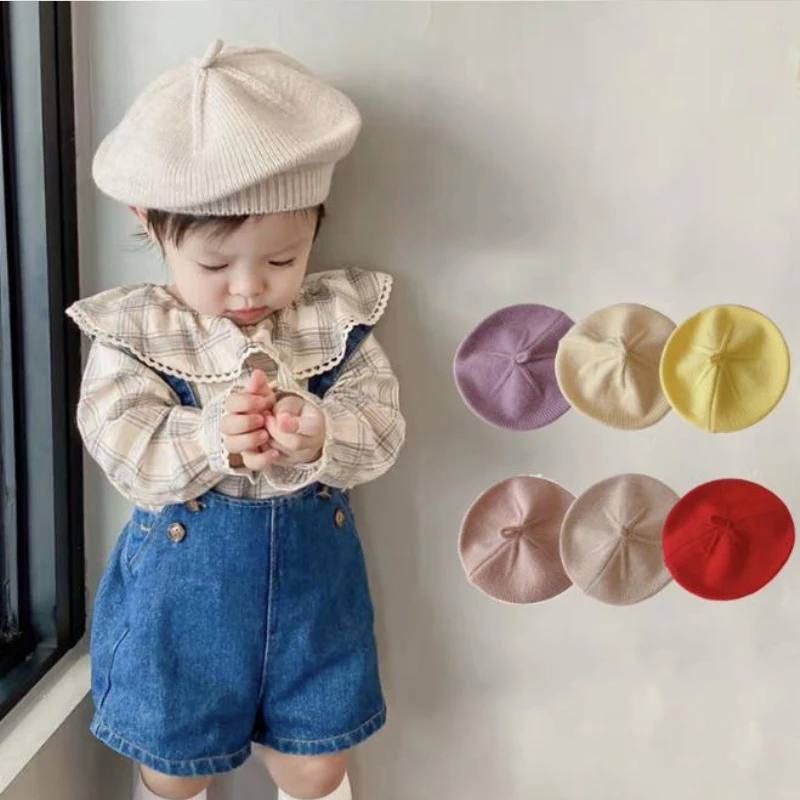 Solid Color Baby Wool Knitted Beret Toddler Autumn Winter Warm Beanie Korean Vintage Kid Artist Painter Cap Boy Girl Crochet Hat