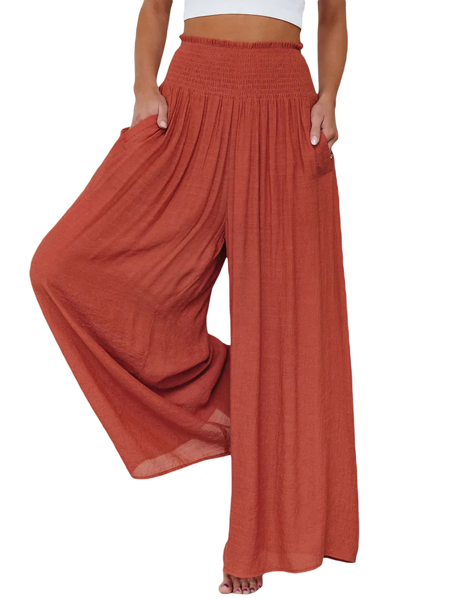 Women s Summer Palazzo Pants High Waist Solid Color Relaxed Fit 2025 new Beach Lounge Casual Elastic Loose Pants