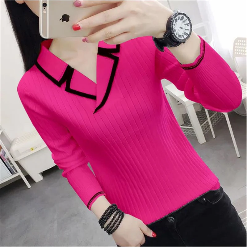 Women's Korean 2025 Elegant V-neck Slim Contrast Color Knitted Sweaters Autumn Winter Long Sleeve Pullovers new Basic Ladies Tops Jumpers